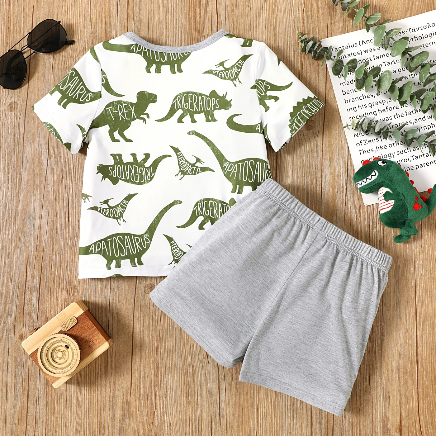 2-piece Children Boy T-shirt And Shorts Sets Toddler Boy Animal Dinosaur Letter Print Tee and Elasticized Grey Shorts Set PatPat kids clothes