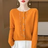 100%Merino Wool Cardigan Women's Round Neck Casual High-Quality AutumnWinter Solid Color Jacket Knit Basic Sweater Pure Wool Top 1