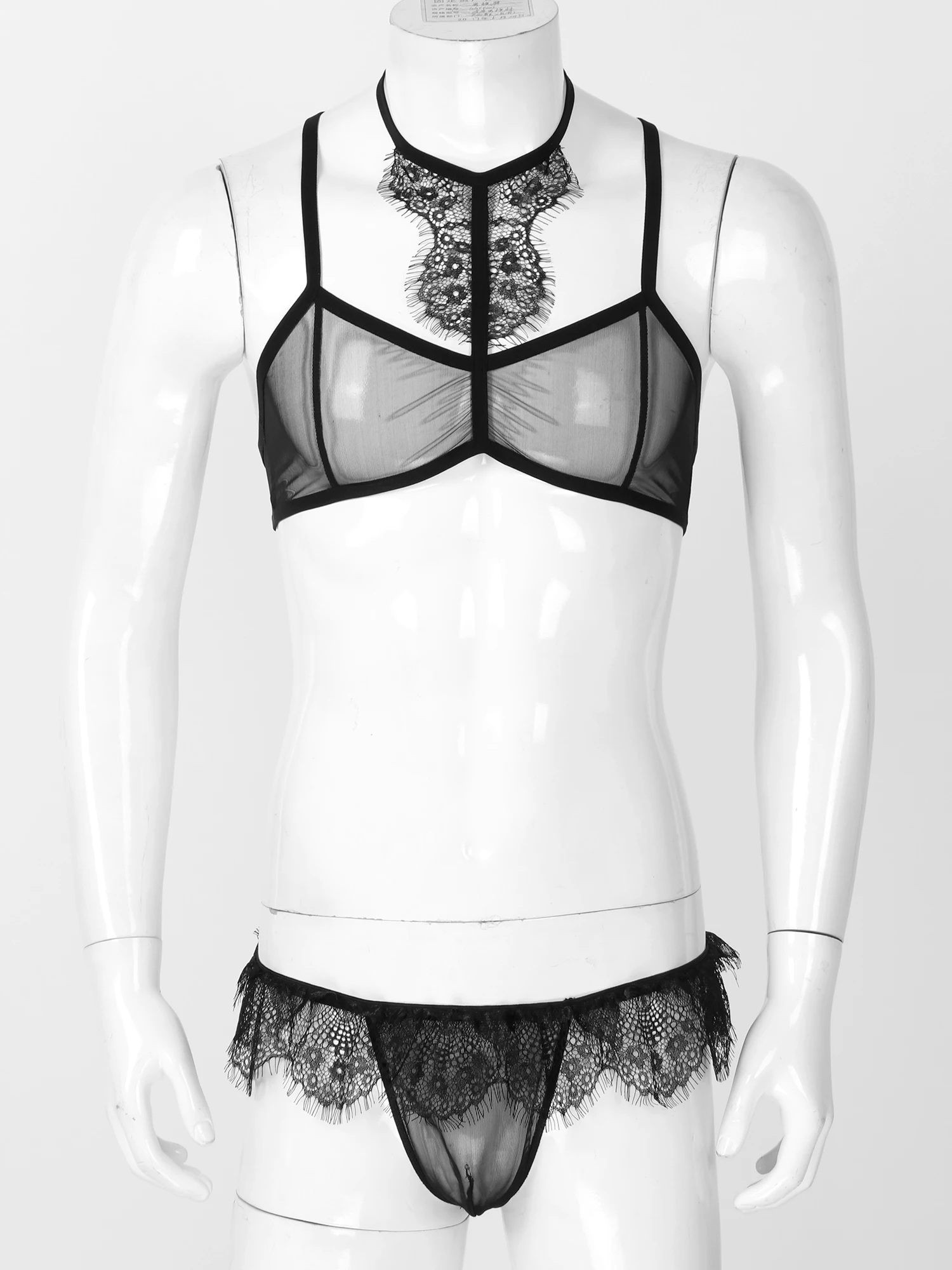 male underwear Mens Sissy Sexy Lenceria Nightwear See Through Sheer Mesh Gay Lingerie Set Fetish Lace Trim Bra with Open Butt G-string Panties