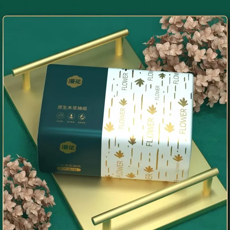 Papel higiénico premium de 300 hojas, 3 capas, ultra suave y resistente |   Pulpa de madera 100% virgen |   Caja dispensadora extraíble |   Pañuelos domésticos a granel