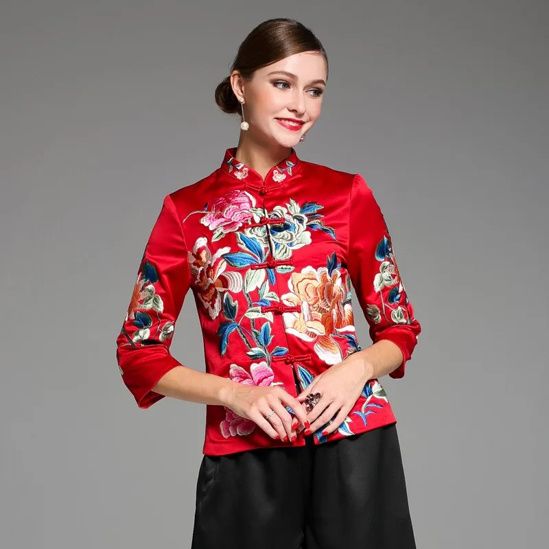 Ethnic Vintage Tradition Embroider Peony Tang Suit Tops New Female Jacket Loose Satin Coat Elegant Chinese New Year Clothes