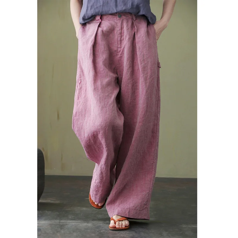 

2022 Summer New Literature and Art Chinese Yarn dyed Pure Linen Loose Straight Leg Pants Straight Leg Pants