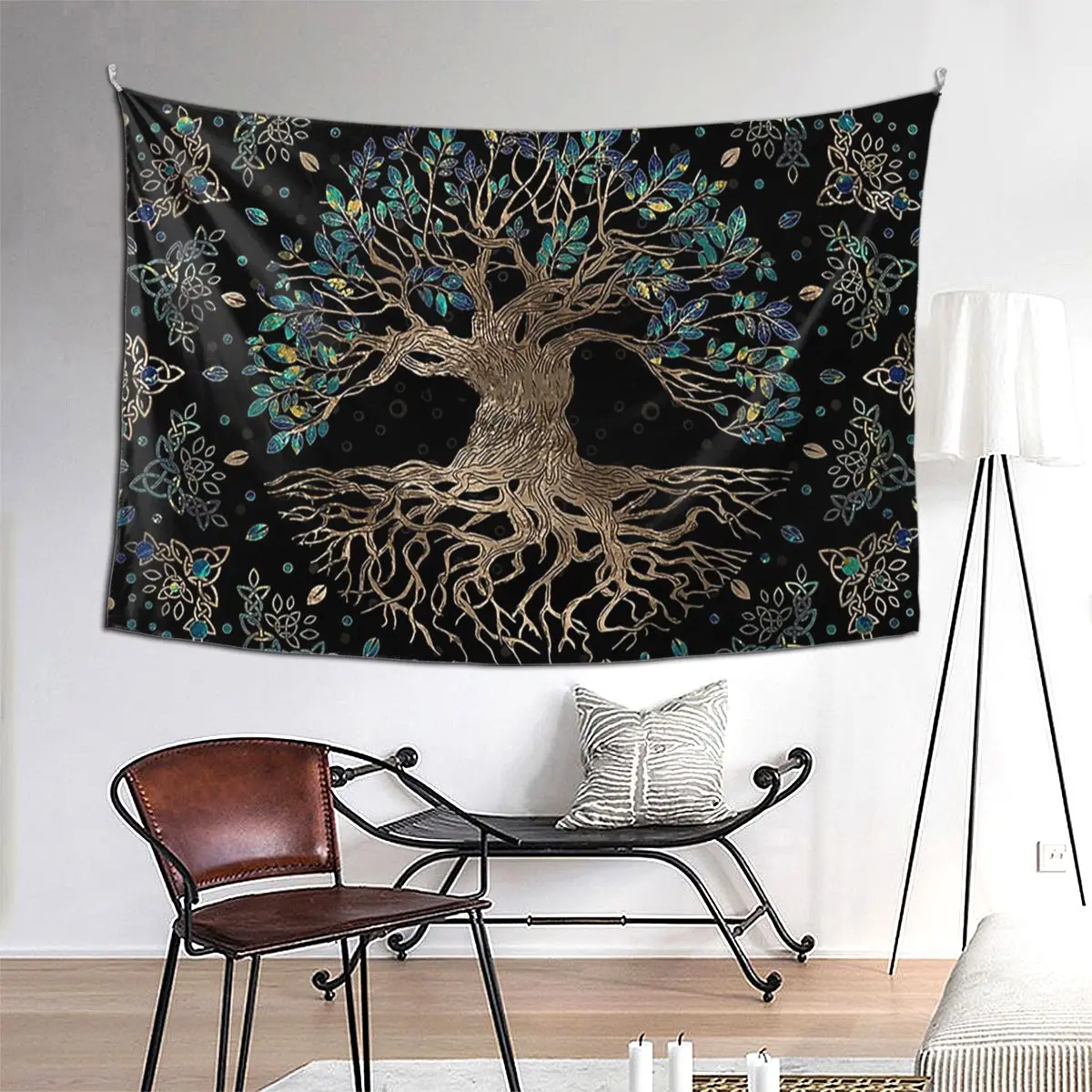 

Tree Of Life -Yggdrasil Golden And Marble Ornament Tapestry Wall Hanging Aesthetic Home Tapestries for Living Room Bedroom Dorm