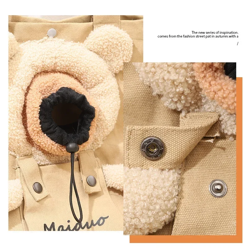 Pet Backpack Shoulder Bag Cute Teddy Bear Canvas Outdoor Cat Bag with Exposed Cat Portable Small Dog