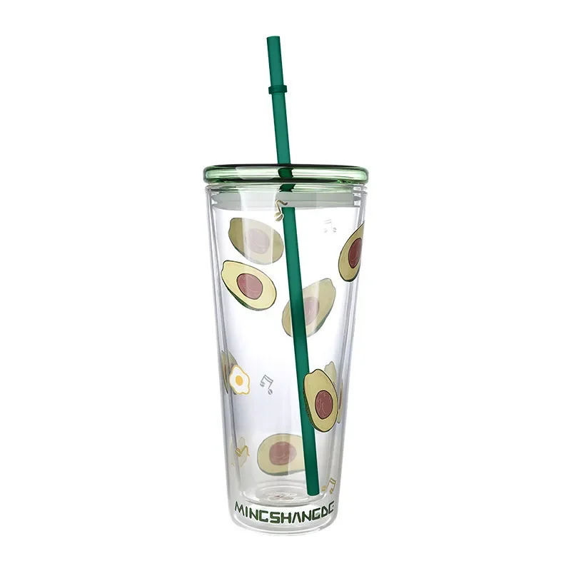 

600ml Cup with Straw Large Capacity Glass Water Double Layer Glass Cup Milk Tea with Lid Milk