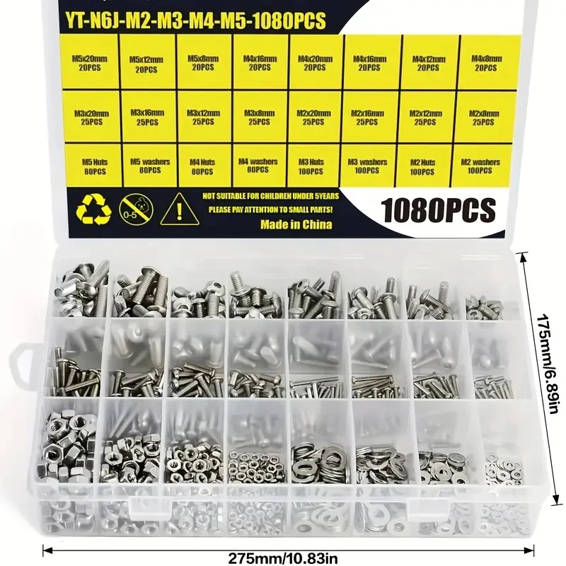 1080 hexagon nut and bolt kit, 304 stainless steel cross recessed pan head screws, M2/M3/M4/M5 metric screw