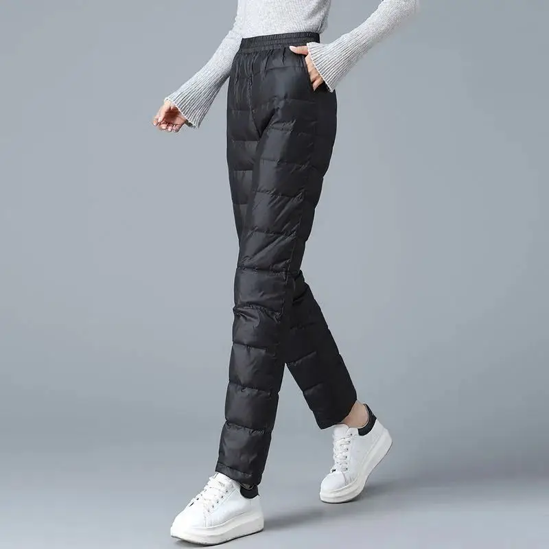 Women's Solid Color Drawstring Fashion Trend High Waisted Elastic Winter Thick Zipper Pocket Shirring Casual Down Cotton Pants