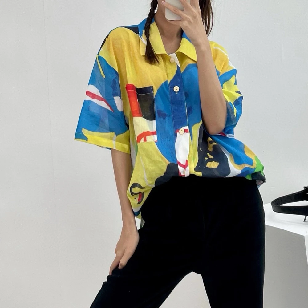 

Женская блузка с абстрактным принтом Y2k, универсальная рубашка с коротким рукавом, однобортная, с позиционированием, лето 2024