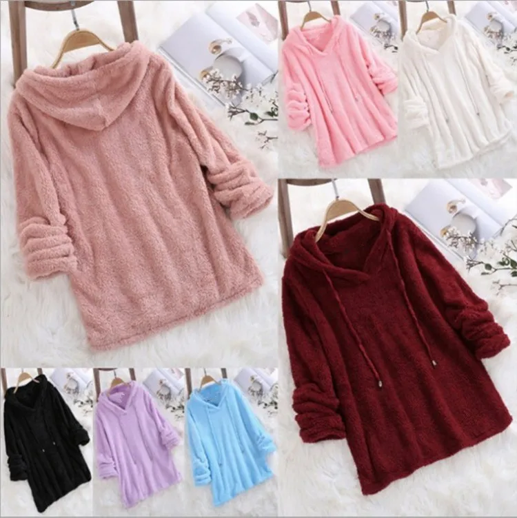 

2023 Autumn/Winter Solid Long Sleeve Hooded Plush Double sided Plush Sweater Sleepwear for Women