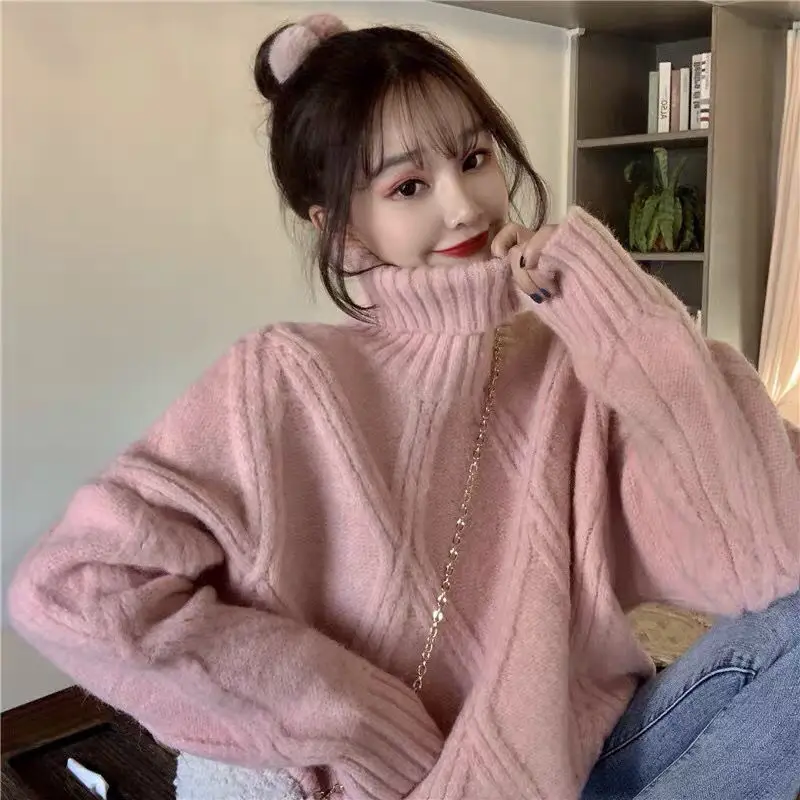 

Women Turtleneck Sweater CHIC Autumn Winter Thick Warm Pullover Top Oversized Casual Loose Knitted Jumper Female Pull D108