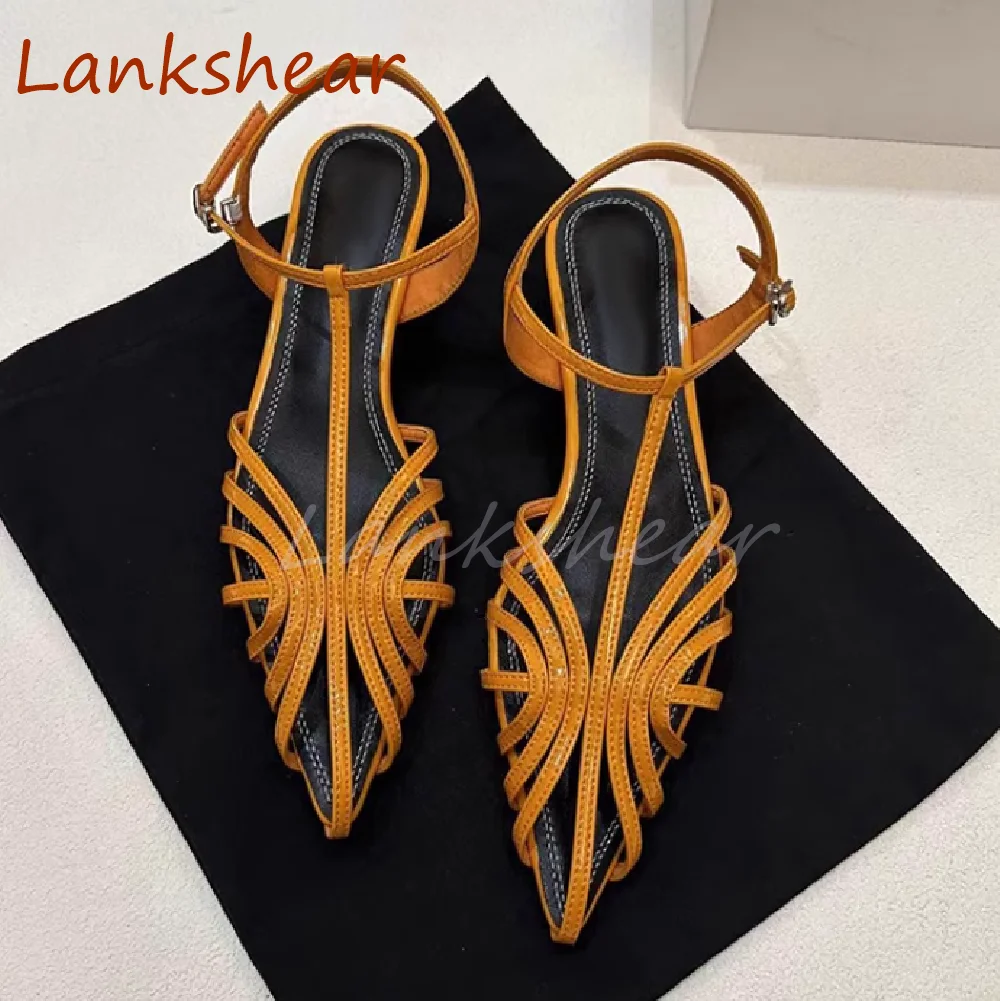 Women Pointed Toe Cross Tied Sandals Solid Fashion Niche Design Summer Slingback Buckle Strap Hollow Shoes