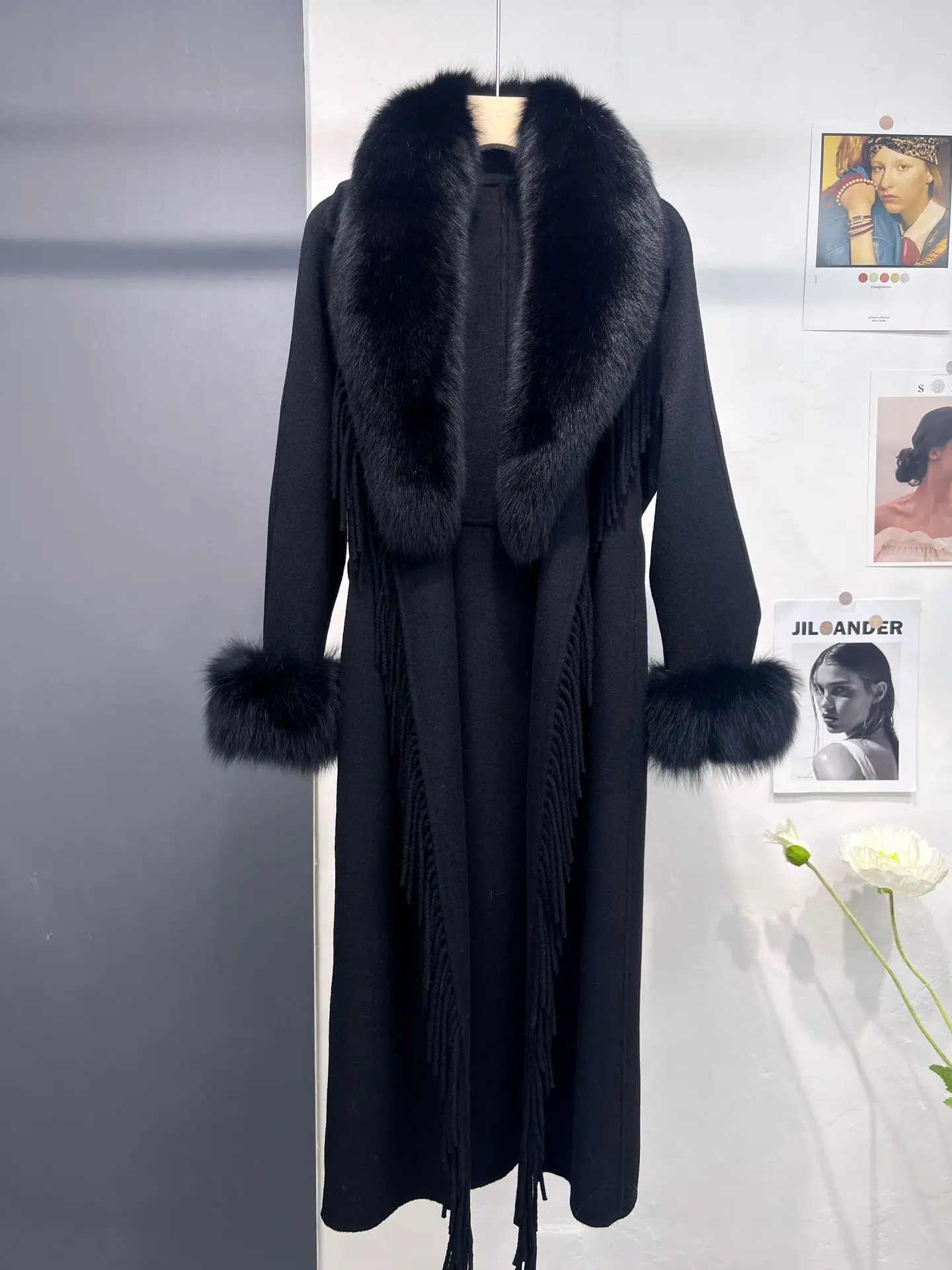 X-long with Tassel Cashmere Wool Blends Real Fur Coat Belt