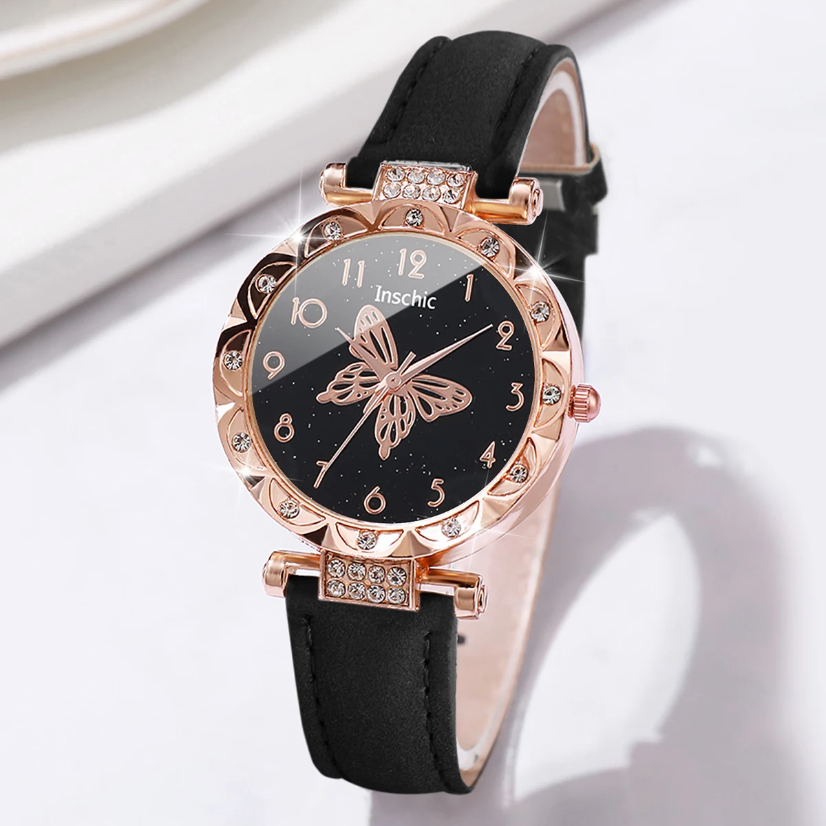 2PCs/Set Women Butterfly Dial Watch Black Pink Color Leather Strap Quartz Watch