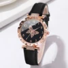 2PCs/Set Women Butterfly Dial Watch Black Pink Color Leather Strap Quartz Watch 4