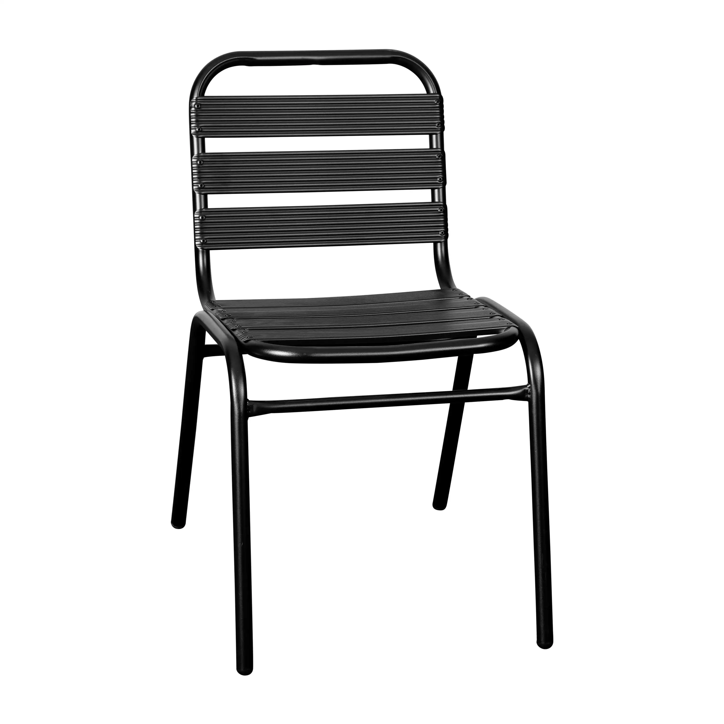 

Lila Commercial Black Metal Indoor-Outdoor Restaurant Stack Chair with Metal Triple Slat Back