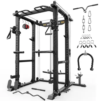 Squat Rack, LAT Power Cage, Power Rack Multi-Function with Pulley System and Training Attachments for Home Gym, Customized 1