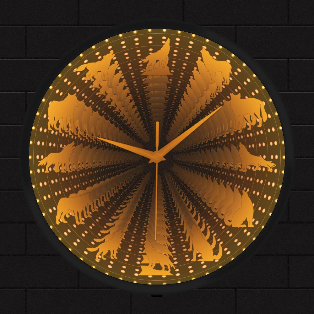 

Howling Wolf LED Infinity Mirror Wall Clock Different Wolf Pose Luminous Night Light Wall Watch For Man Cave Wolfs Admirers Gift