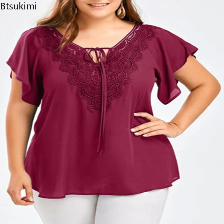 

Large Size 5XL Lace Patchwork Blouse for Women Fashion Flare Sleeve Casual T-shirts Solid V-neck Versatile Shirt New Ladies Tops