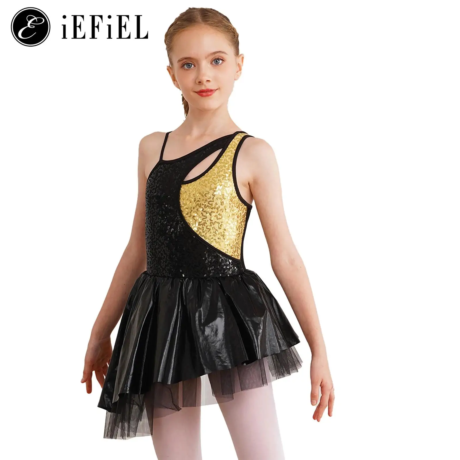 

Kids Girls Shiny Sequins Ballet Dance Asymmetrical High Low Dress Skirted Leotard Stage Performance Costume Ballerina Dancewear