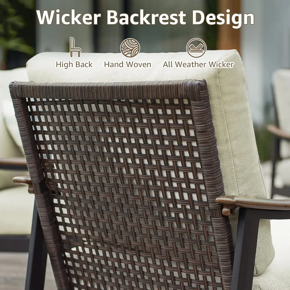 Patio Sofa Outdoor Furniture Metal Chair with Wicker Backrest & 6 Inches Cushion for Front, Porch, Deck, Balcony 6