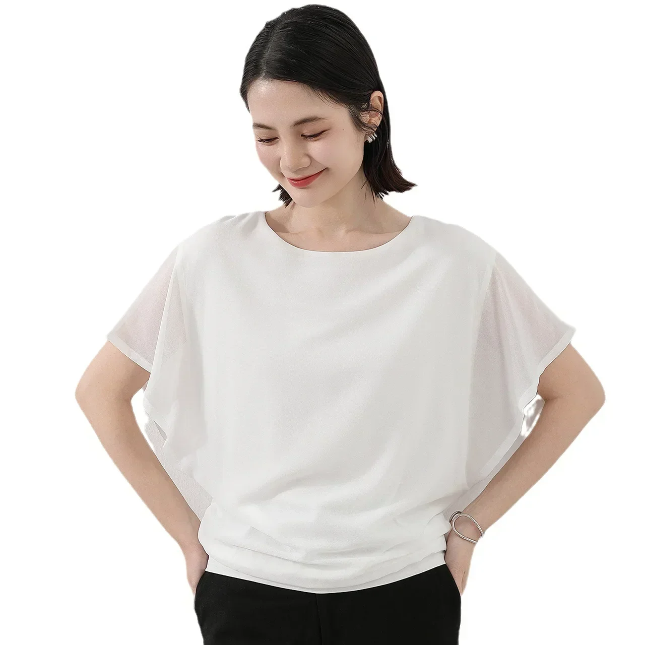 

Sweet short-sleeved T-shirt chiffon summer loose show thin light shu meat with thin blouse gray22