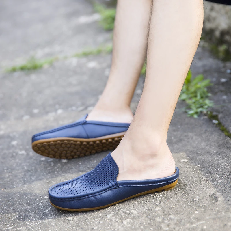 Summer Men Casual Loafers Fashion Breathable Genuine Leather Slippers Outdoor Light Mules Cool Half Shoes Italian Design Sandals — view 4