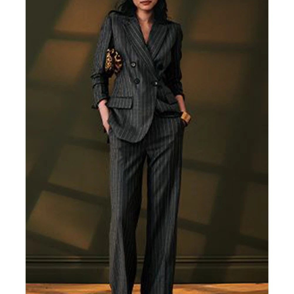 Women's Striped Two-piece Business Suit Woman Clothing Chic and Elegant Woman Pants Set Wear to Work Double Breasted Jacket Sets