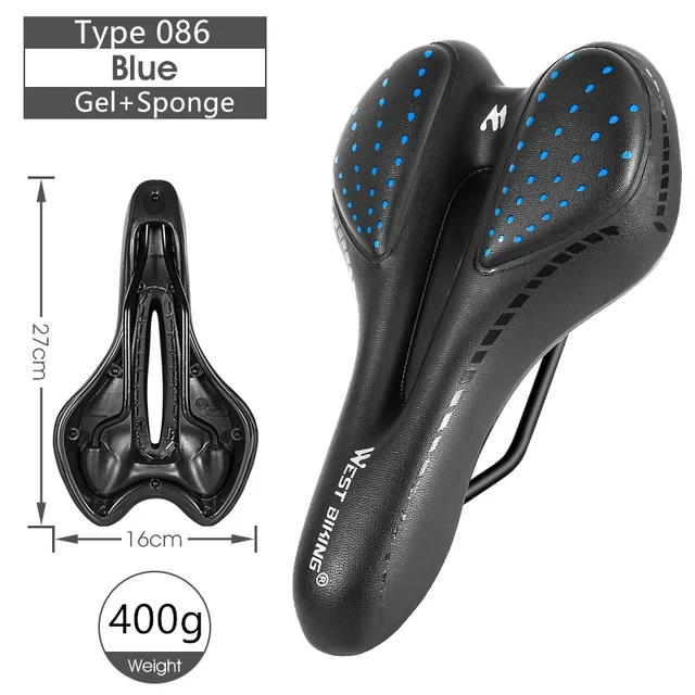 WEST BIKING Bike Saddle MTB Mountain Road Bike Seat PU Leather Gel Filled Cycling Cushion Comfortable Shockproof Bicycle Saddle 086 Blue