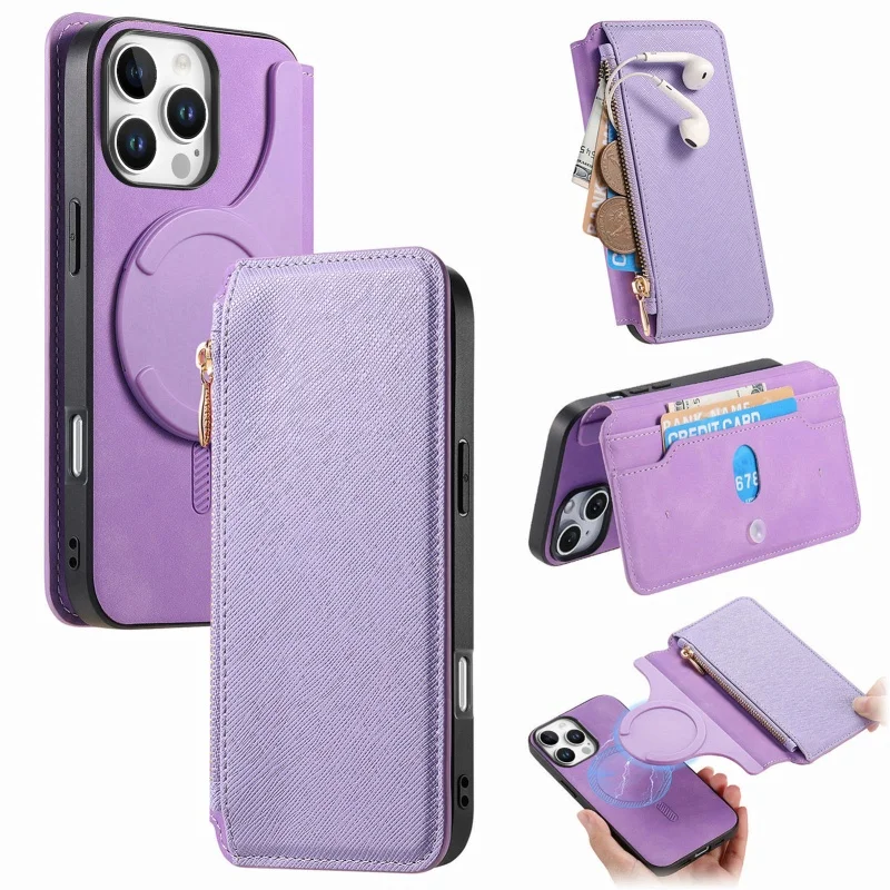 Magnetic Leather Wallet Phone Case with Zipper Card Holder