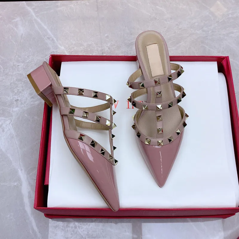 shoes woman 2024 trend luxury Genuine Leather Slippers Summer Women's Sandals pointed toe Rivets High Heels Casual Ladies shoes