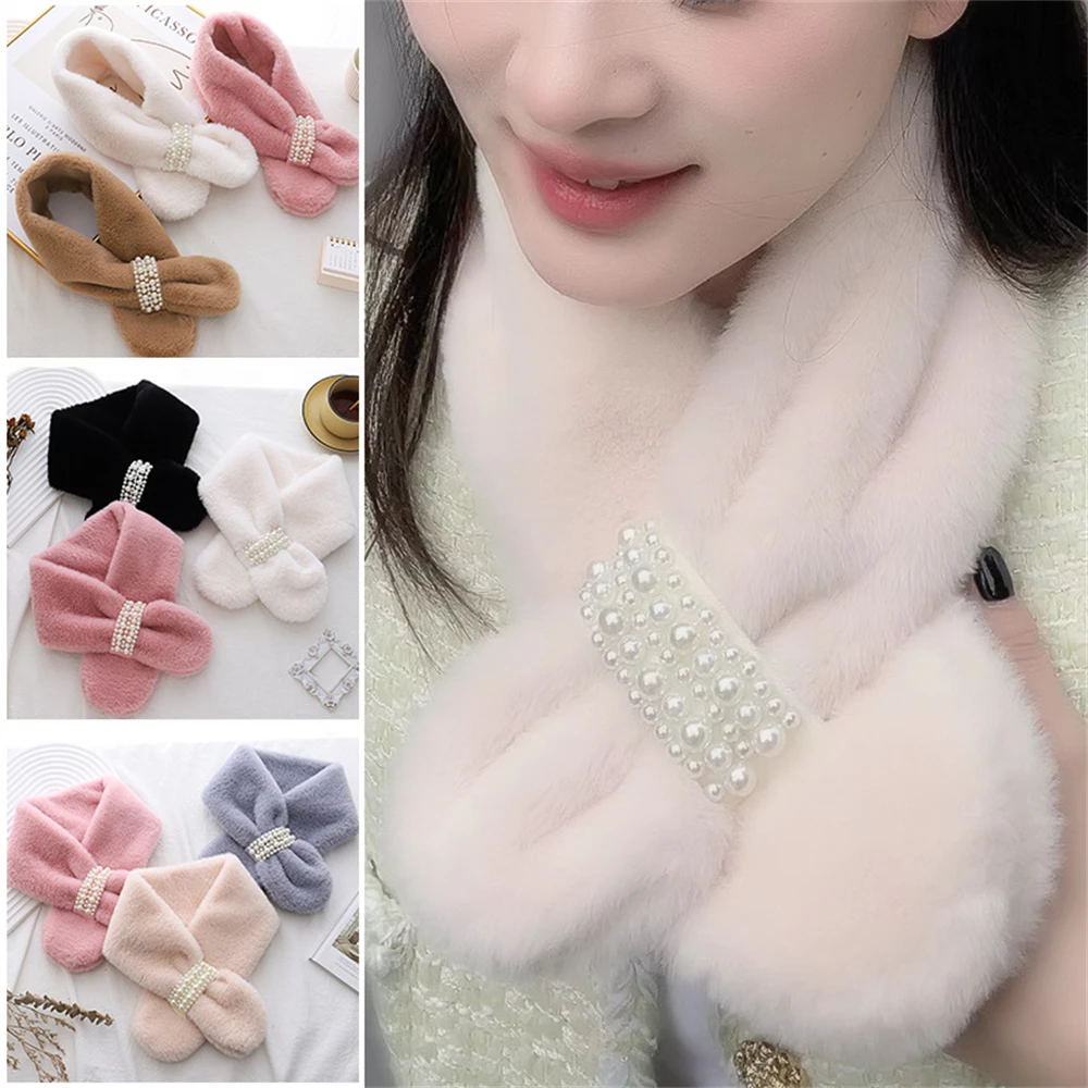Pearl scarf winter thickened Korean cross-warming wool rabbit-like neck collar