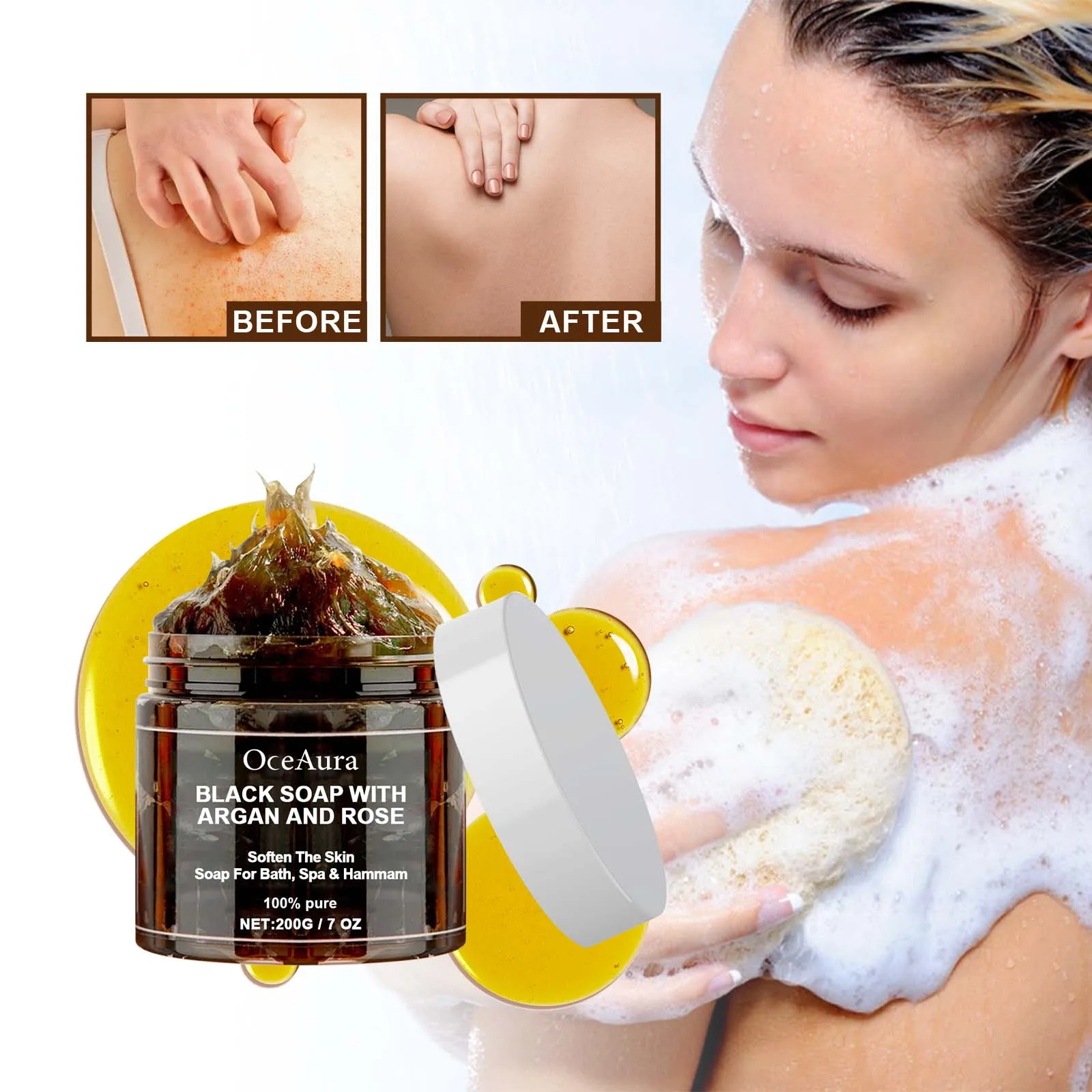 OCEAURA Black Soap With Argan And Rose lack Beldi Soap Ideal For Dead Skin Remover Body Scrub Purifying Deep Cleansing 200g/7 Oz 3