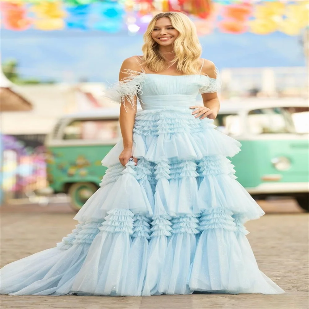 

Tulle Pleated Bat Mitzvah Prom Dresses A-Line Tiered Under Dresses With Feather Halter Sleeves Women's Birthday Party Dresses