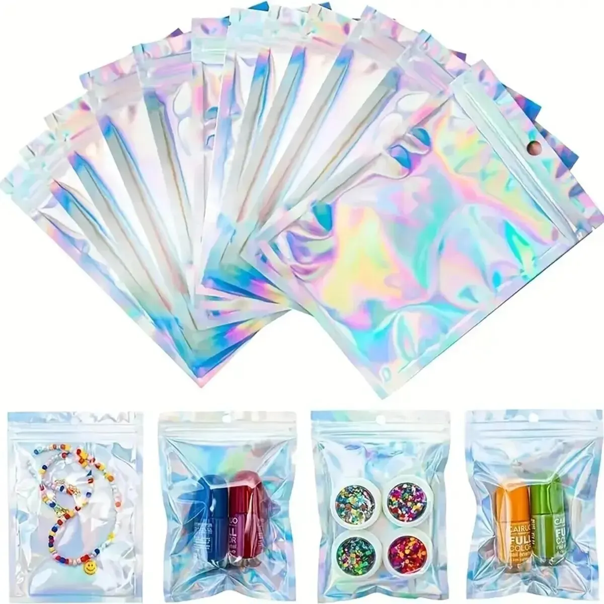 Holographic Mylar Bags Holographic Storage Bag Holographic Bags 100PCS Holographic Bag Laser Rainbow Pattern Self Sealing Bag Candy and Front Window Sample