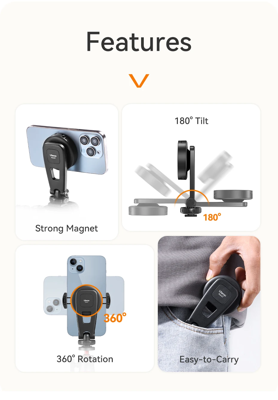 MA47 2-In-1 Magnetic Phone Clamp Phone Tripod Mount Horizontal Vertical Shooting