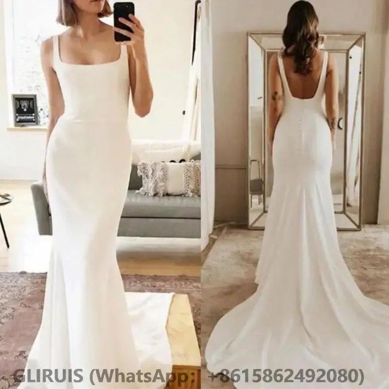 

Plain Scoop Neck Mermaid Wedding Dresses Open Back Beach Bridal Gown Simple Satin Court Train Civil Vestidos De Novia