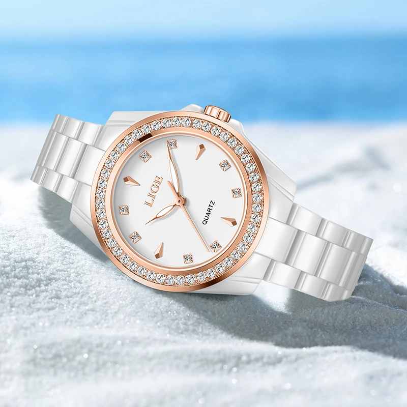 LIGE Watch Women New Fashion Luxury Stainless Steel Wristwatch Bracelet Simple Round Ceramic Waterproof Luminous Ladies Watches