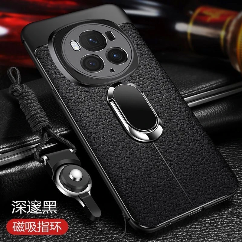 Enhanced Magnetic Phone Case with Holder Ring, PU Silicone Shockproof Bumper Cover