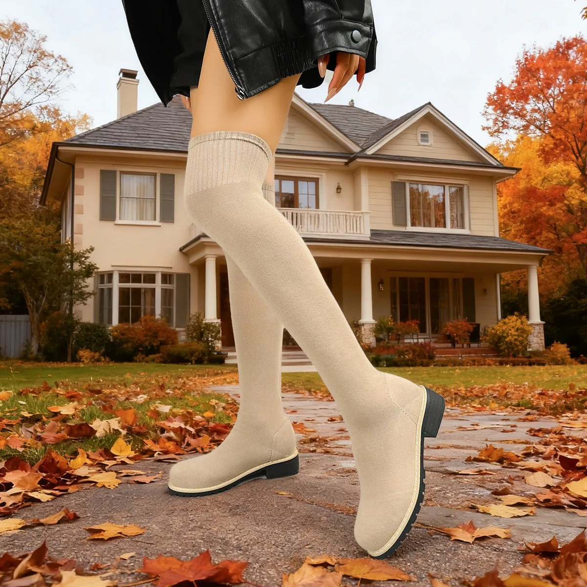 Fashion Chunky Heel Over The Knee Boots Women Plus Size 35-43 Stretch Knitted Sock Boots Woman Non Slip High Heels Long Botas