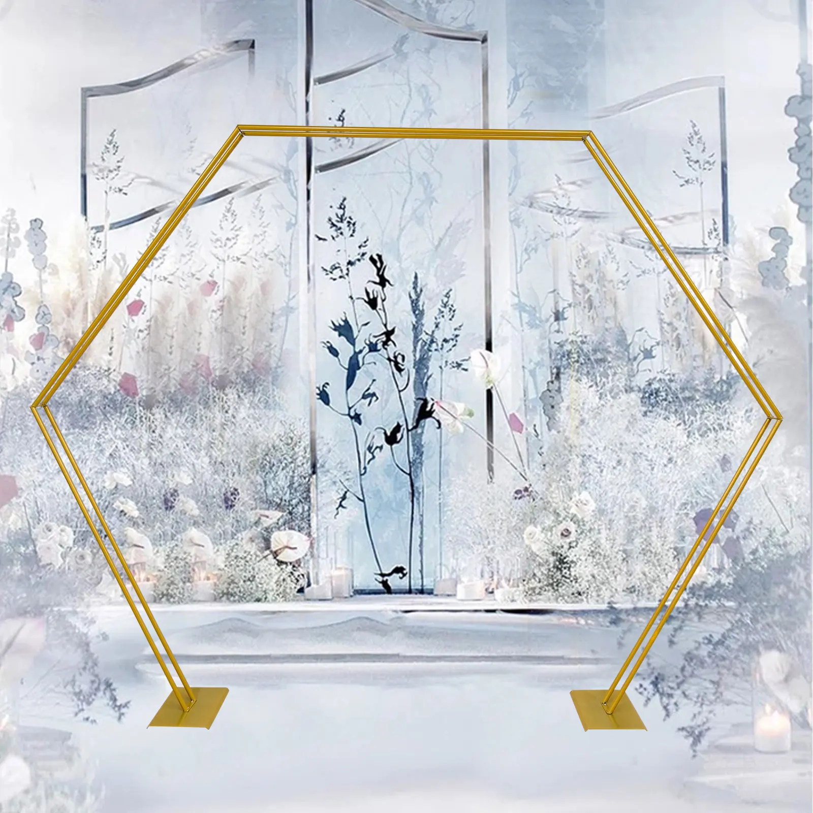 Wedding arch stand wedding arch set wedding flower stand Gold Wedding Flower Frame Hexagon Arch Flower Balloon Rack Steel Pipe Wedding Prop Backdrop Stand Frame Wall Pro