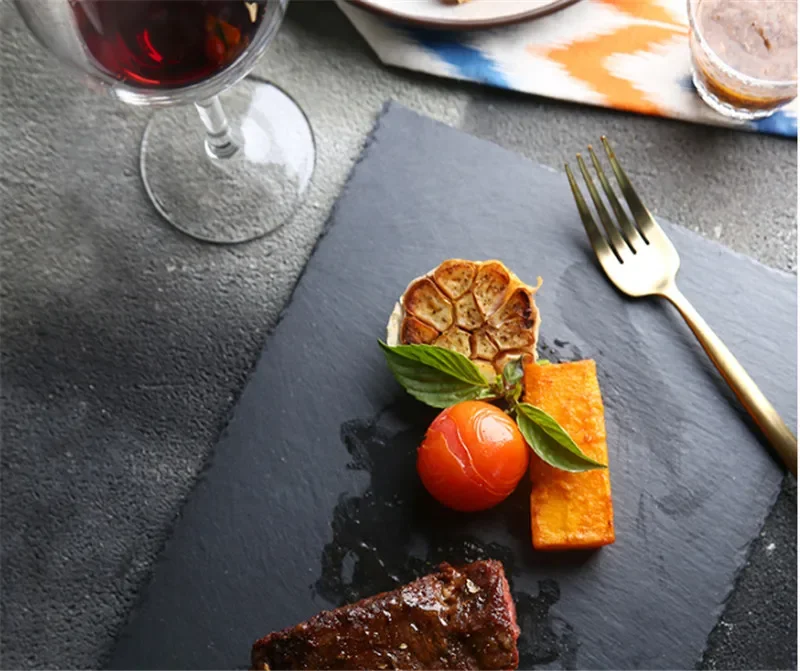 Natural Black Western Slate stone Dishes Solid Square Sushi Steak Barbecue BBQ Plate Cheese Pizza Dessert cake Fruit dish Tray barbecue plate