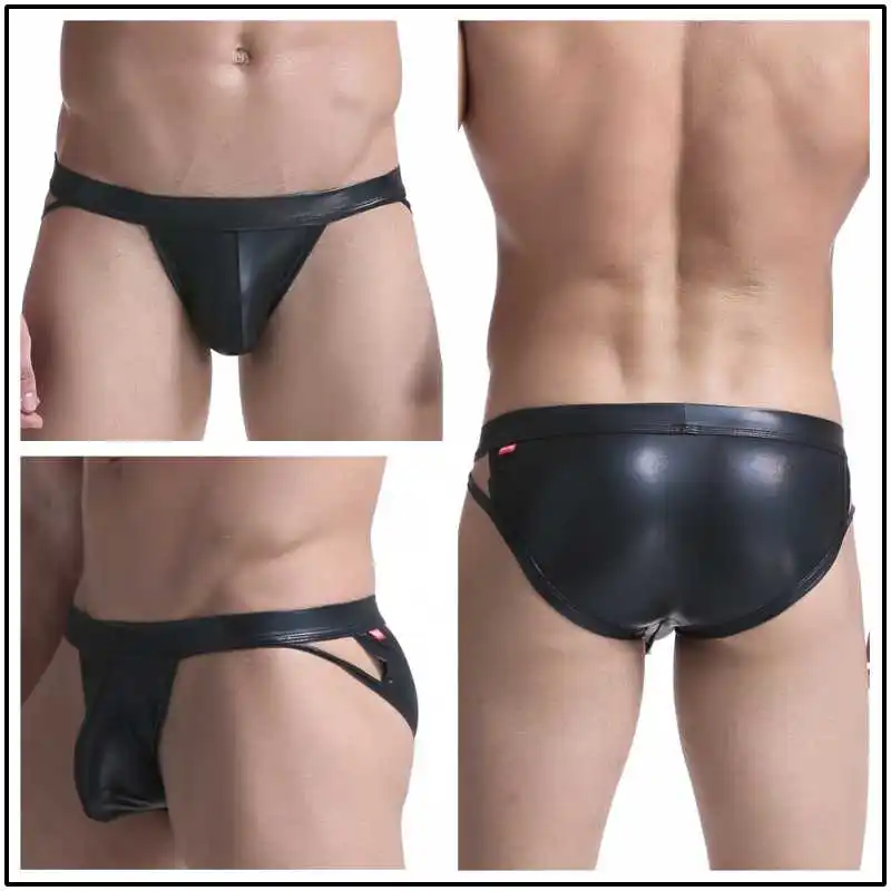 Sexy Men Faux Leather Briefs Gay Underwears Bulge Penis Pouch High Slit Male Panties Erotic Jockstrap Underpants Fetish Lingerie 6