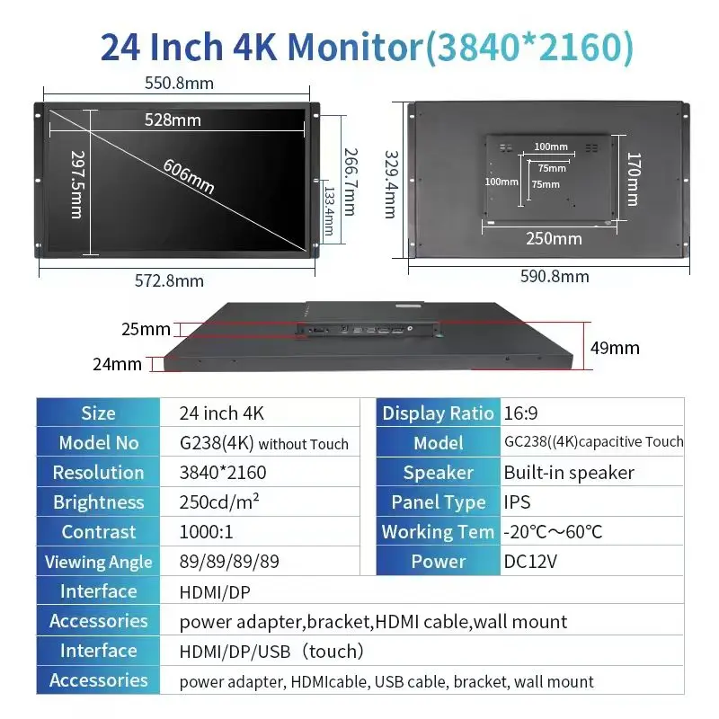 ZHIXIANDA 23.8 24인치 UHD 4K 3840*2160 오픈 프레임 터치스크린 산업용 모니터 VESA 마운트 LCD 디스플레이 HDMI DP 인터페이스 포함