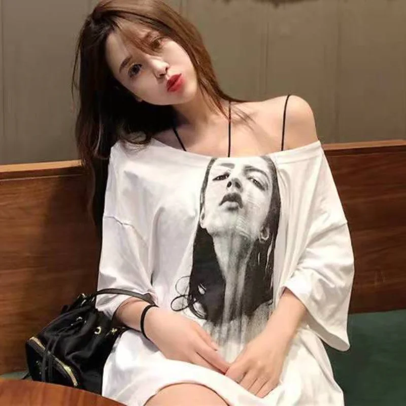 

Women Clothing Korean Fashion Csual O-neck Short Sleeve T-Shirt Summer Strapless Loose Top Tee Female Casual Tops Q352