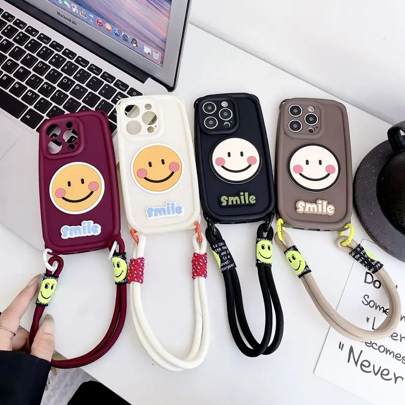 With Holes Liquid Silicone Smily Face Lanyard Phone Case For iPhone 15 14 13 12 11 Pro Max X XS MAX 7 8 Plus SE_voghion.com