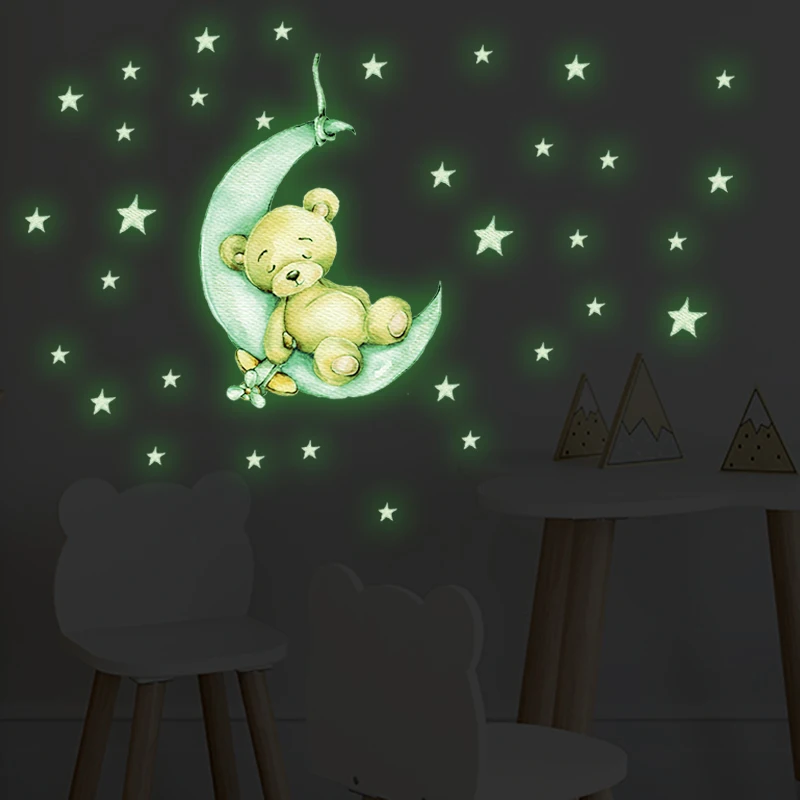 Tiny Cute Luminous Wall Stickers Teddy Bear on the Moon Stars Glow in the Dark Wall Decals Kids Room Baby Nursery Home Decor