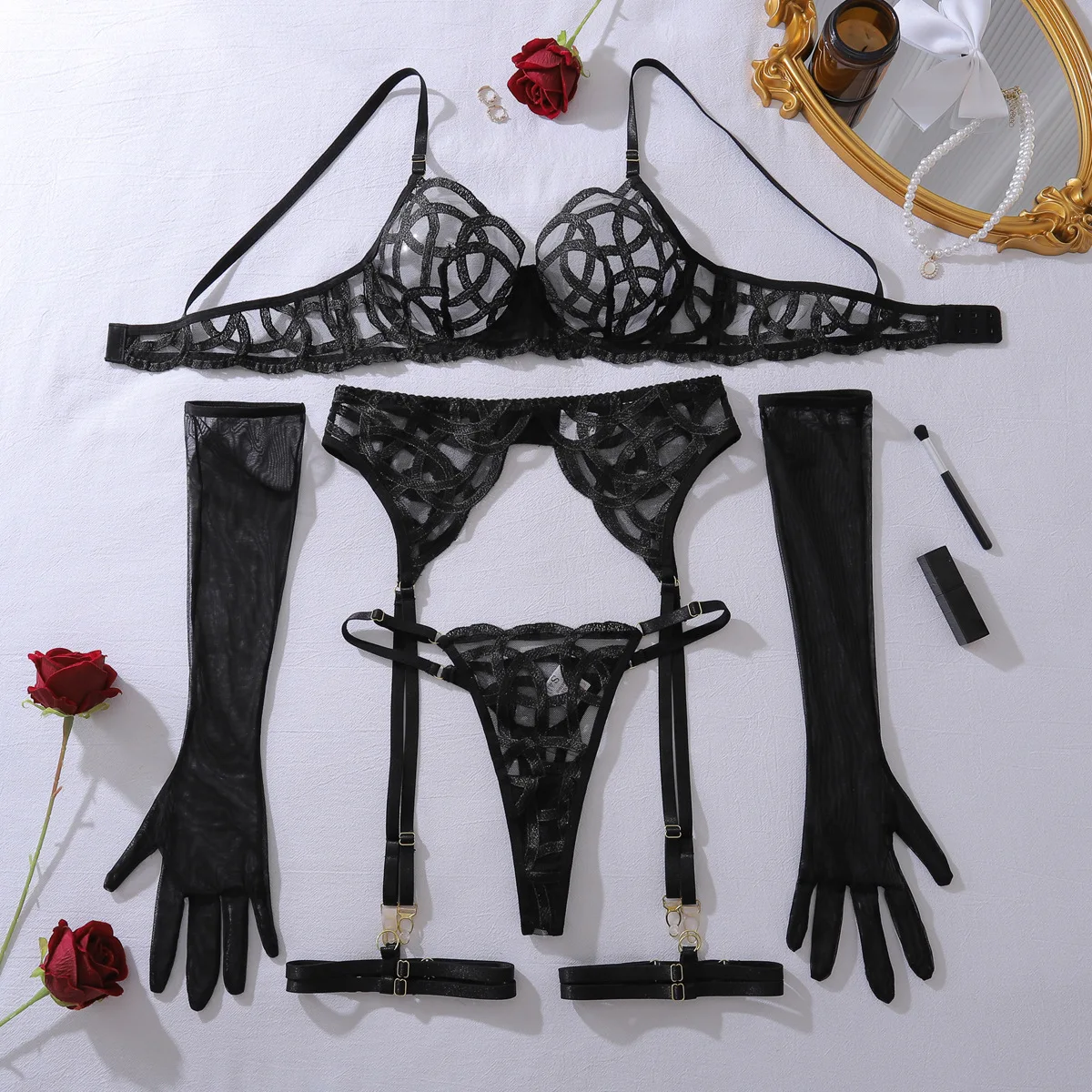 Sexy Embroidered Sheer Lingerie Sets Women Perspective Slimming Converging Adjustable Underwear Five Piece Set Erotic Costumes