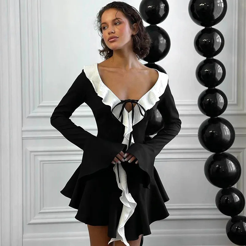 JULISSA MO Patchwork Sexy Cuello en V profundo Volantes Vestido de mujer Negro Manga larga Con cordones Vestido femenino Otoño Slim Elegante Ropa de calle