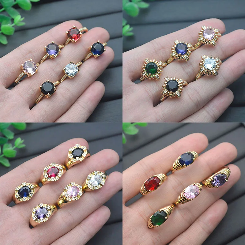 

10pc Resizable Copper Gold Plated Colorful Oval/Round Gemstone Rings Vintage Mix Color CZ Ring for Women Party Jewelry Wholesale