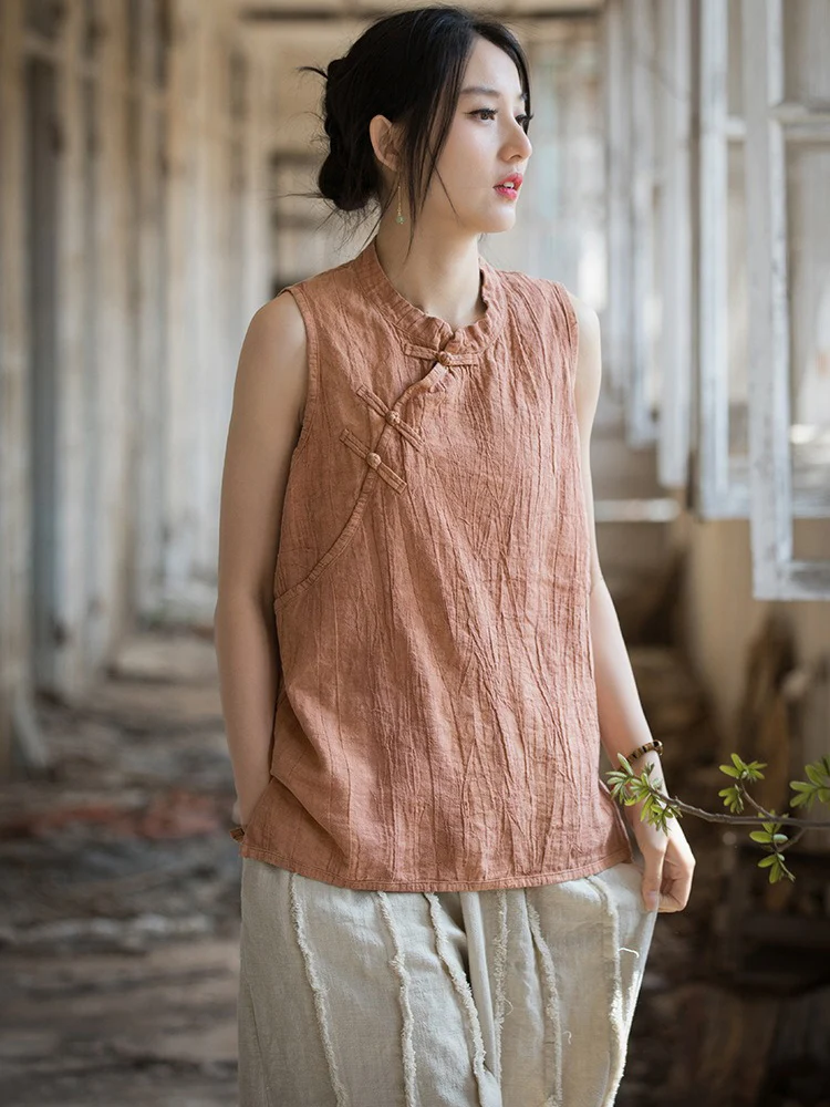 Tie Dye Ramie Chinese Qipao Tops Mandarin Sleeveless Tanks Vintage Blouse